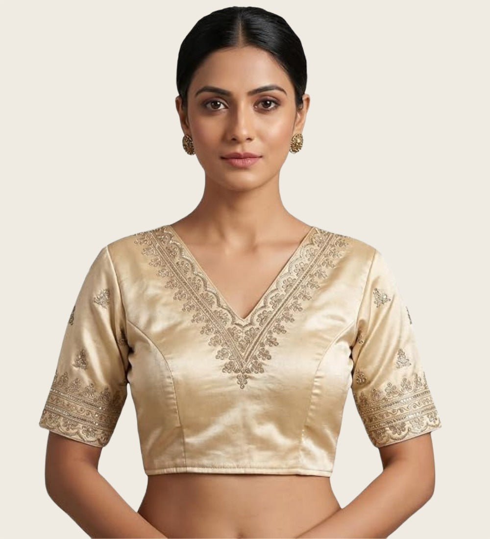 Generic Women's Satin Embroidered Half sleeve V-Neck Padded Readymade Blouse (Cream, Size 38 - Self-Alterable 36�40)