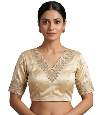 Generic Women's Satin Embroidered Half sleeve V-Neck Padded Readymade Blouse (Cream, Size 38 - Self-Alterable 36�40)
