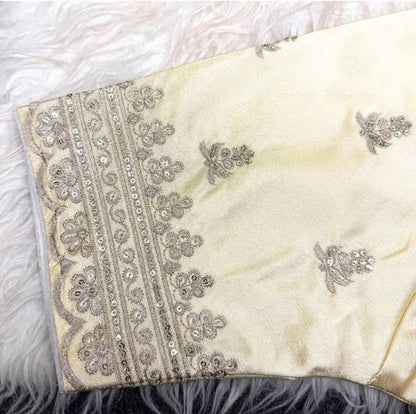 Generic Women's Satin Embroidered Half sleeve V-Neck Padded Readymade Blouse (Cream, Size 38 - Self-Alterable 36�40)