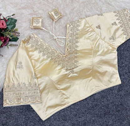 Generic Women's Satin Embroidered Half sleeve V-Neck Padded Readymade Blouse (Cream, Size 38 - Self-Alterable 36�40)