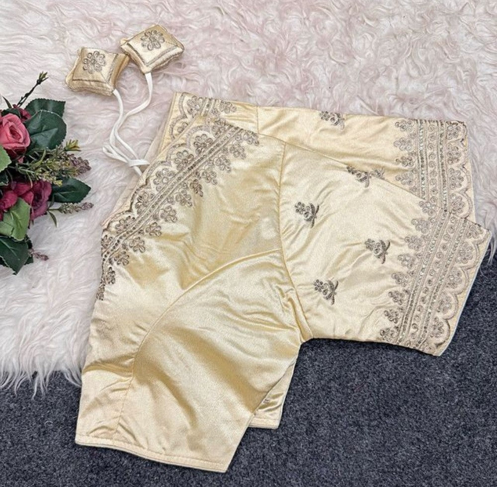 Generic Women's Satin Embroidered Half sleeve V-Neck Padded Readymade Blouse (Cream, Size 38 - Self-Alterable 36�40)