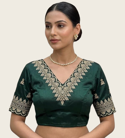 Generic Women's Satin Embroidered Half sleeve V-Neck Padded Readymade Blouse (Dark Green, Size 38 - Self-Alterable 36�40)