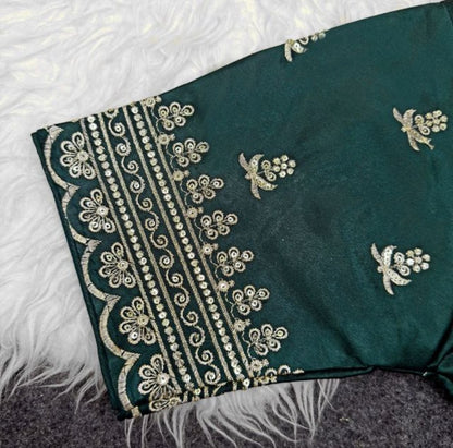 Generic Women's Satin Embroidered Half sleeve V-Neck Padded Readymade Blouse (Dark Green, Size 38 - Self-Alterable 36�40)