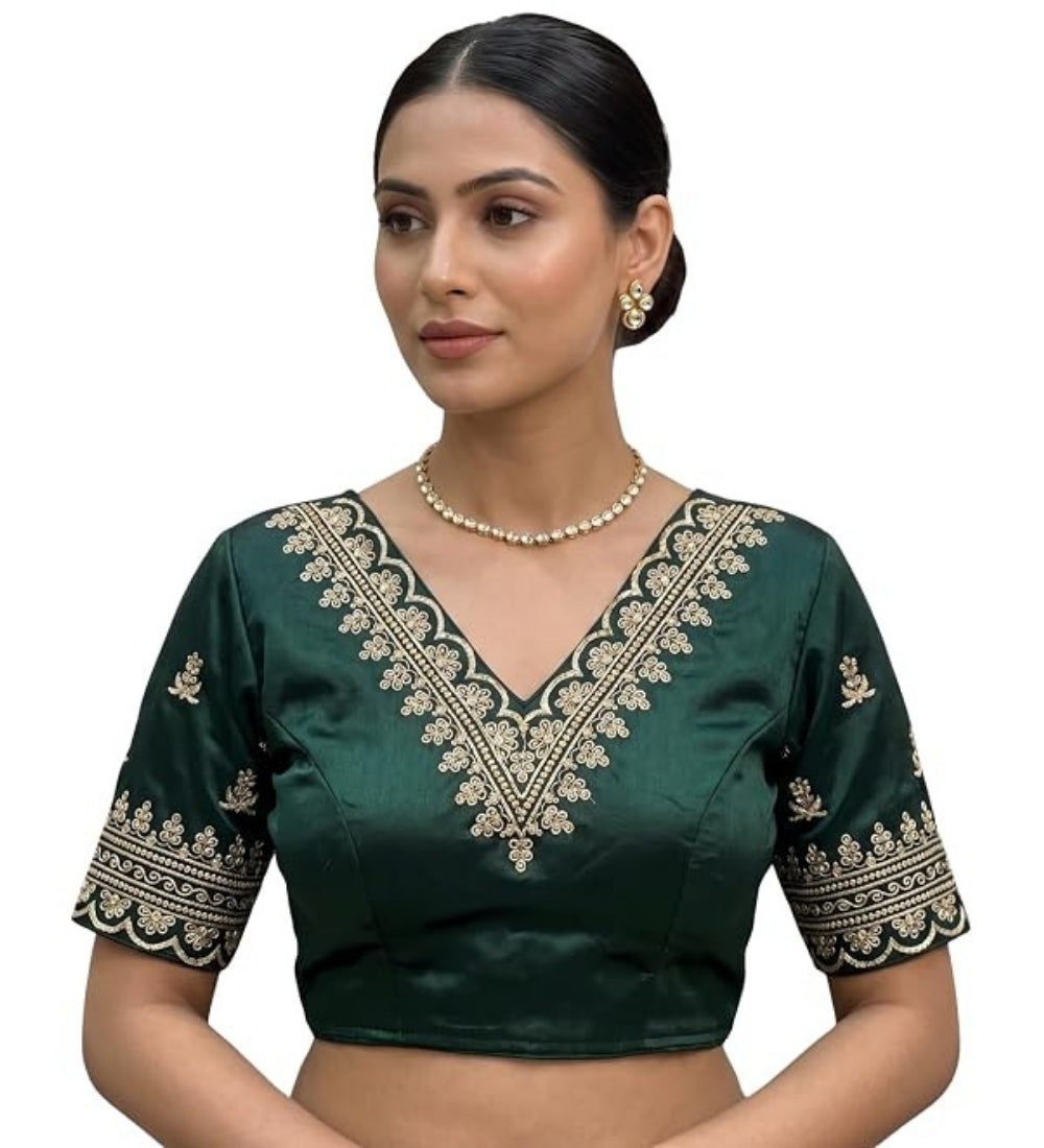 Generic Women's Satin Embroidered Half sleeve V-Neck Padded Readymade Blouse (Dark Green, Size 38 - Self-Alterable 36�40)