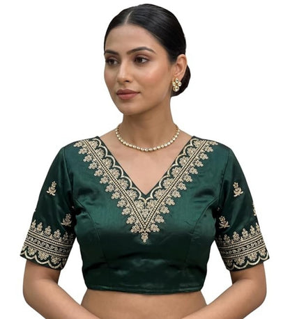 Generic Women's Satin Embroidered Half sleeve V-Neck Padded Readymade Blouse (Dark Green, Size 38 - Self-Alterable 36�40)