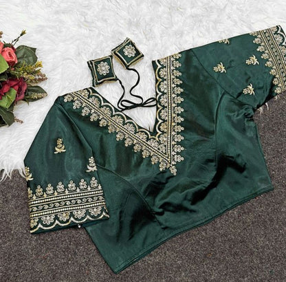 Generic Women's Satin Embroidered Half sleeve V-Neck Padded Readymade Blouse (Dark Green, Size 38 - Self-Alterable 36�40)