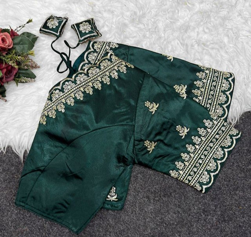 Generic Women's Satin Embroidered Half sleeve V-Neck Padded Readymade Blouse (Dark Green, Size 38 - Self-Alterable 36�40)