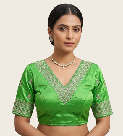 Generic Women's Satin Embroidered Half sleeve V-Neck Padded Readymade Blouse (Light Green, Size 38 - Self-Alterable 36�40)
