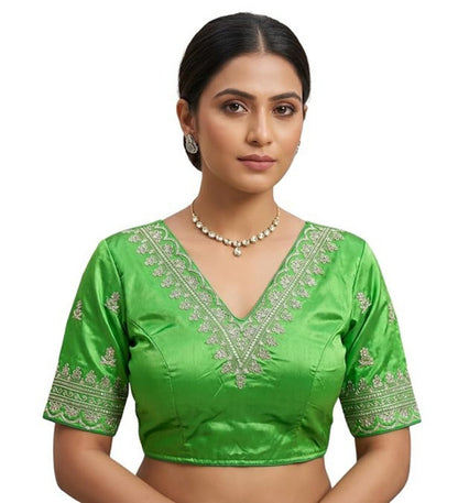 Generic Women's Satin Embroidered Half sleeve V-Neck Padded Readymade Blouse (Light Green, Size 38 - Self-Alterable 36�40)