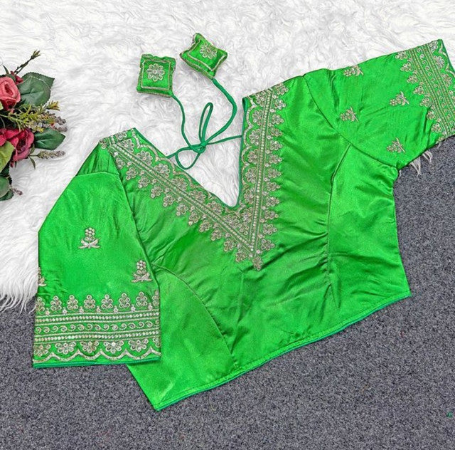 Generic Women's Satin Embroidered Half sleeve V-Neck Padded Readymade Blouse (Light Green, Size 38 - Self-Alterable 36�40)