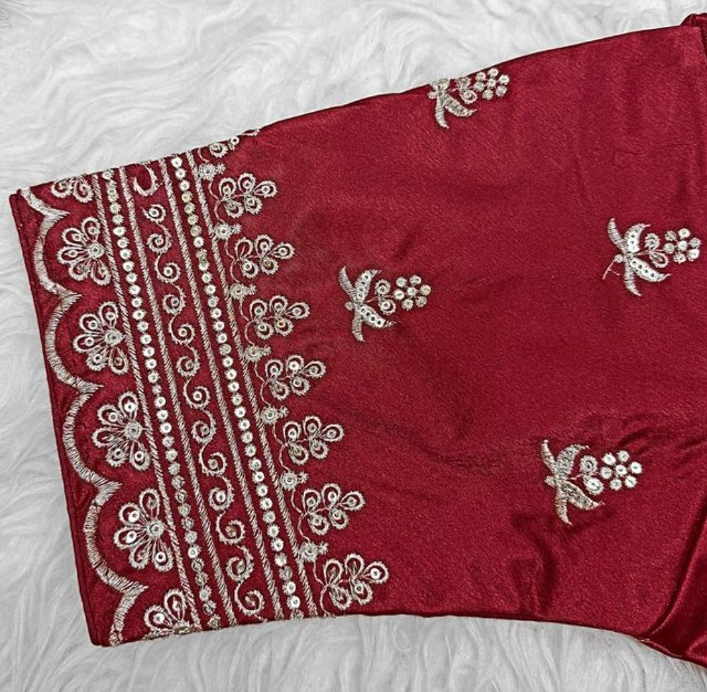 Generic Women's Satin Embroidered Half sleeve V-Neck Padded Readymade Blouse (Maroon, Size 38 - Self-Alterable 36�40)