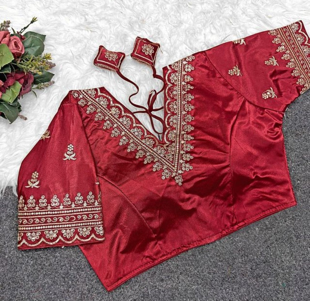 Generic Women's Satin Embroidered Half sleeve V-Neck Padded Readymade Blouse (Maroon, Size 38 - Self-Alterable 36�40)