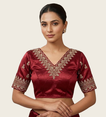 Generic Women's Satin Embroidered Half sleeve V-Neck Padded Readymade Blouse (Maroon, Size 38 - Self-Alterable 36�40)