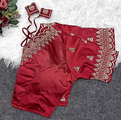 Generic Women's Satin Embroidered Half sleeve V-Neck Padded Readymade Blouse (Maroon, Size 38 - Self-Alterable 36�40)