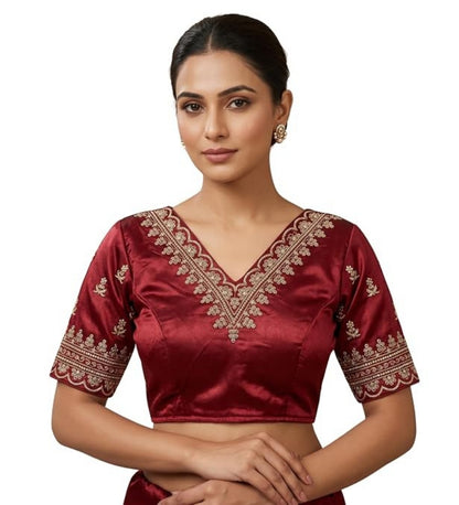 Generic Women's Satin Embroidered Half sleeve V-Neck Padded Readymade Blouse (Maroon, Size 38 - Self-Alterable 36�40)
