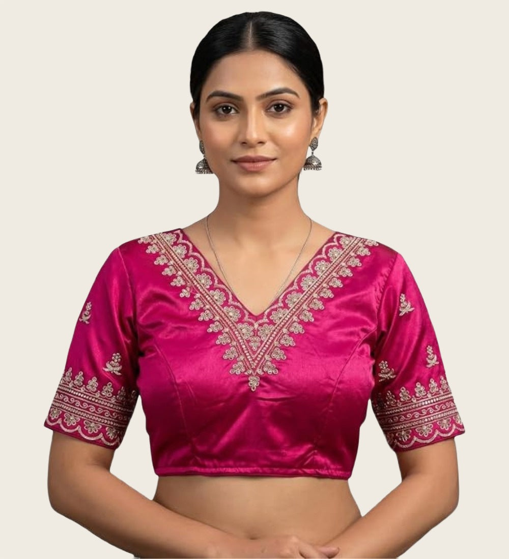 Generic Women's Satin Embroidered Half sleeve V-Neck Padded Readymade Blouse (Pink, Size 38 - Self-Alterable 36�40)