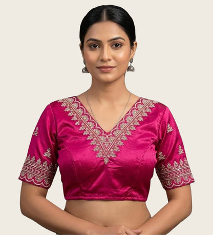 Generic Women's Satin Embroidered Half sleeve V-Neck Padded Readymade Blouse (Pink, Size 38 - Self-Alterable 36�40)