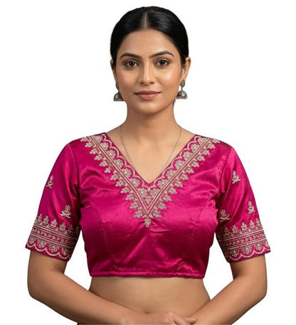 Generic Women's Satin Embroidered Half sleeve V-Neck Padded Readymade Blouse (Pink, Size 38 - Self-Alterable 36�40)