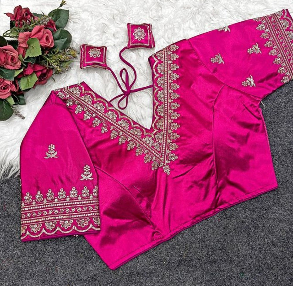 Generic Women's Satin Embroidered Half sleeve V-Neck Padded Readymade Blouse (Pink, Size 38 - Self-Alterable 36�40)