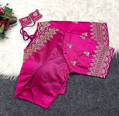 Generic Women's Satin Embroidered Half sleeve V-Neck Padded Readymade Blouse (Pink, Size 38 - Self-Alterable 36�40)