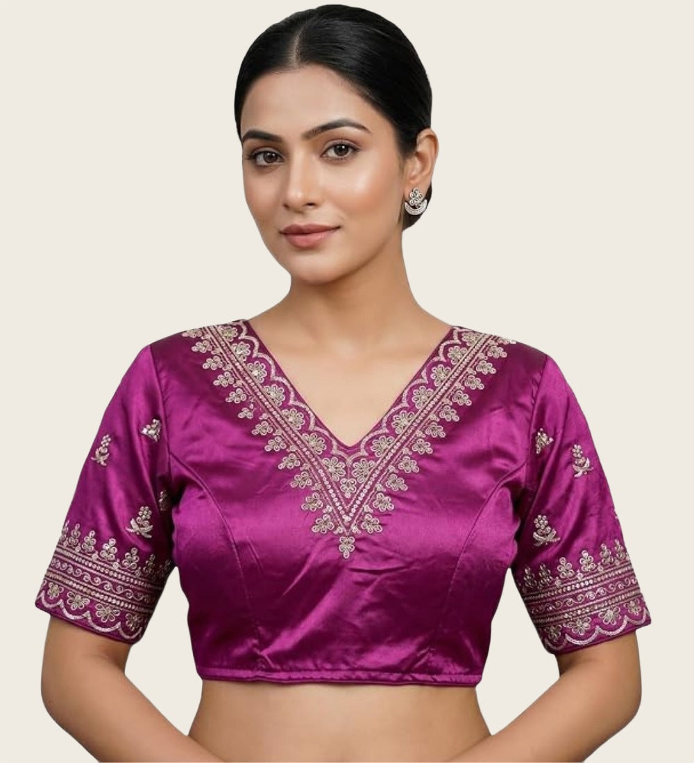 Generic Women's Satin Embroidered Half sleeve V-Neck Padded Readymade Blouse (Purple, Size 38 - Self-Alterable 36�40)