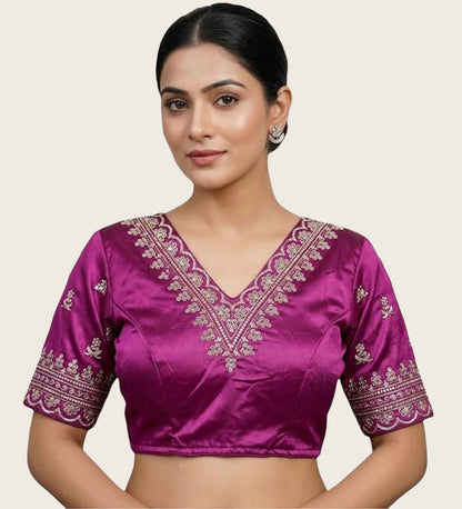 Generic Women's Satin Embroidered Half sleeve V-Neck Padded Readymade Blouse (Purple, Size 38 - Self-Alterable 36�40)
