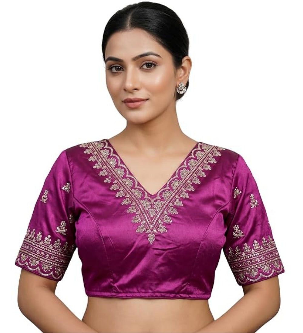 Generic Women's Satin Embroidered Half sleeve V-Neck Padded Readymade Blouse (Purple, Size 38 - Self-Alterable 36�40)