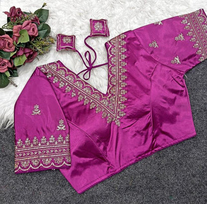 Generic Women's Satin Embroidered Half sleeve V-Neck Padded Readymade Blouse (Purple, Size 38 - Self-Alterable 36�40)
