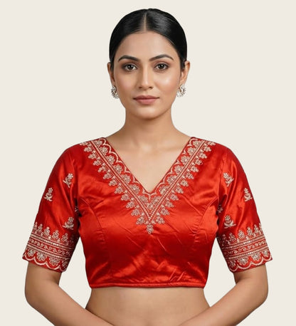 Generic Women's Satin Embroidered Half sleeve V-Neck Padded Readymade Blouse (Red, Size 38 - Self-Alterable 36�40)