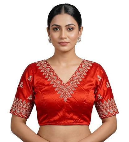 Generic Women's Satin Embroidered Half sleeve V-Neck Padded Readymade Blouse (Red, Size 38 - Self-Alterable 36�40)