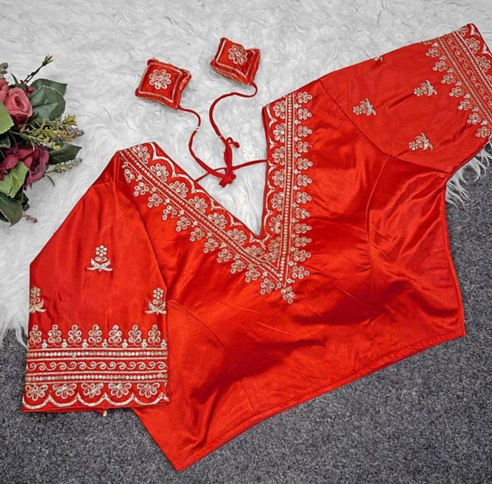 Generic Women's Satin Embroidered Half sleeve V-Neck Padded Readymade Blouse (Red, Size 38 - Self-Alterable 36�40)