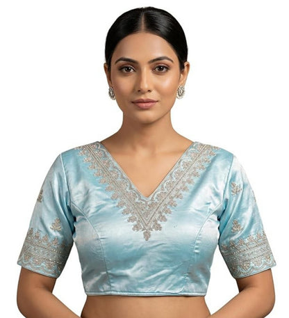 Generic Women's Satin Embroidered Half sleeve V-Neck Padded Readymade Blouse (Sky Blue, Size 38 - Self-Alterable 36�40)