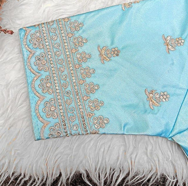 Generic Women's Satin Embroidered Half sleeve V-Neck Padded Readymade Blouse (Sky Blue, Size 38 - Self-Alterable 36�40)