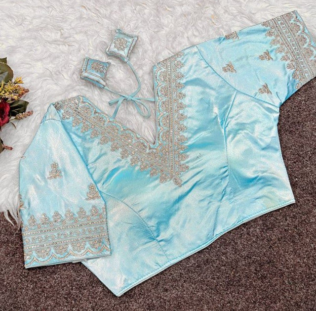 Generic Women's Satin Embroidered Half sleeve V-Neck Padded Readymade Blouse (Sky Blue, Size 38 - Self-Alterable 36�40)