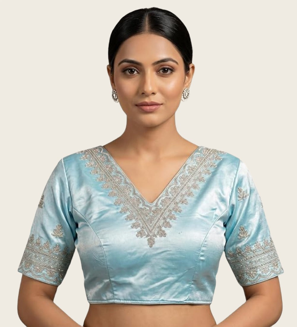 Generic Women's Satin Embroidered Half sleeve V-Neck Padded Readymade Blouse (Sky Blue, Size 38 - Self-Alterable 36�40)