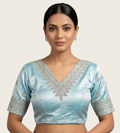 Generic Women's Satin Embroidered Half sleeve V-Neck Padded Readymade Blouse (Sky Blue, Size 38 - Self-Alterable 36�40)