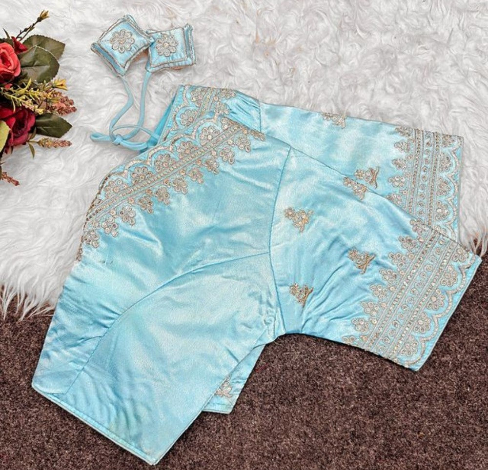 Generic Women's Satin Embroidered Half sleeve V-Neck Padded Readymade Blouse (Sky Blue, Size 38 - Self-Alterable 36�40)