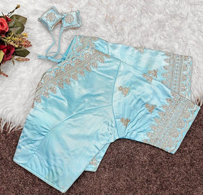 Generic Women's Satin Embroidered Half sleeve V-Neck Padded Readymade Blouse (Sky Blue, Size 38 - Self-Alterable 36�40)
