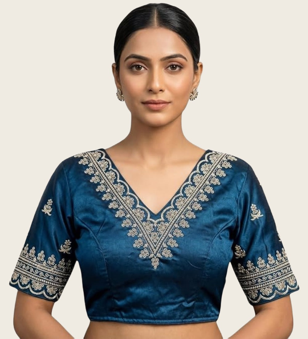 Generic Women's Satin Embroidered Half sleeve V-Neck Padded Readymade Blouse (Teal, Size 38 - Self-Alterable 36�40)