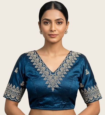 Generic Women's Satin Embroidered Half sleeve V-Neck Padded Readymade Blouse (Teal, Size 38 - Self-Alterable 36�40)