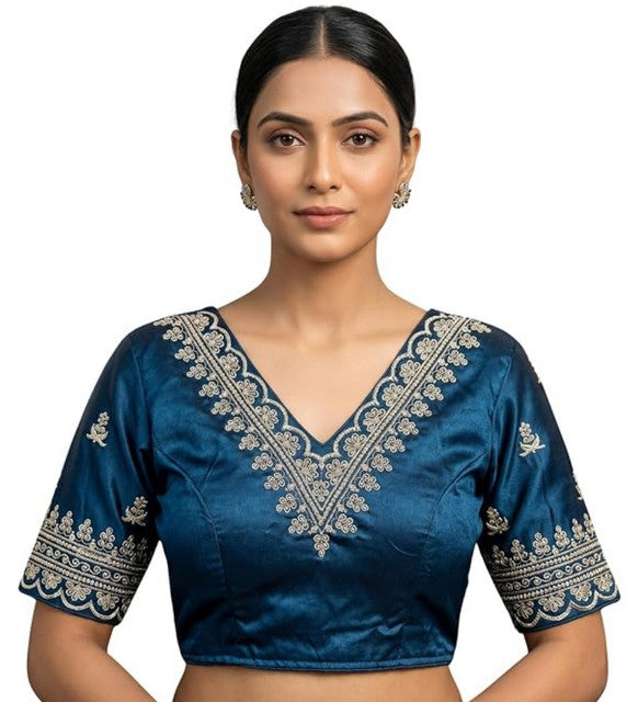 Generic Women's Satin Embroidered Half sleeve V-Neck Padded Readymade Blouse (Teal, Size 38 - Self-Alterable 36�40)