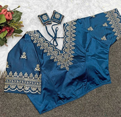 Generic Women's Satin Embroidered Half sleeve V-Neck Padded Readymade Blouse (Teal, Size 38 - Self-Alterable 36�40)