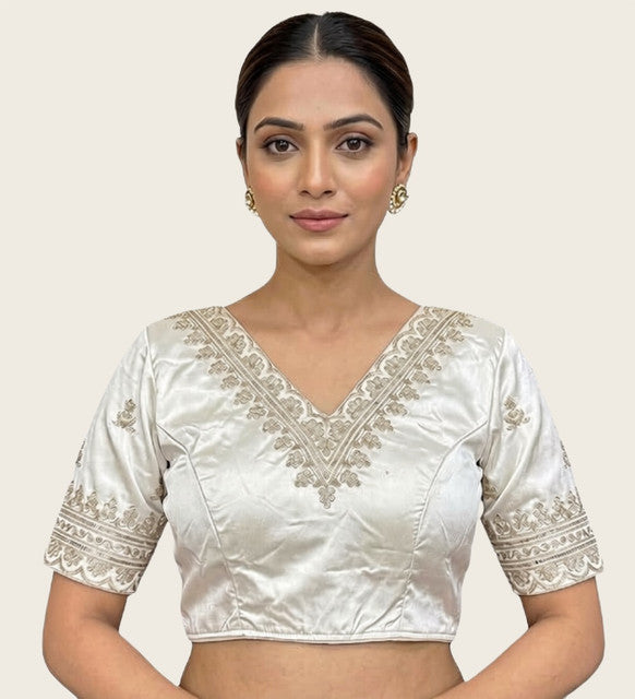 Generic Women's Satin Embroidered Half sleeve V-Neck Padded Readymade Blouse (White, Size 38 - Self-Alterable 36�40)