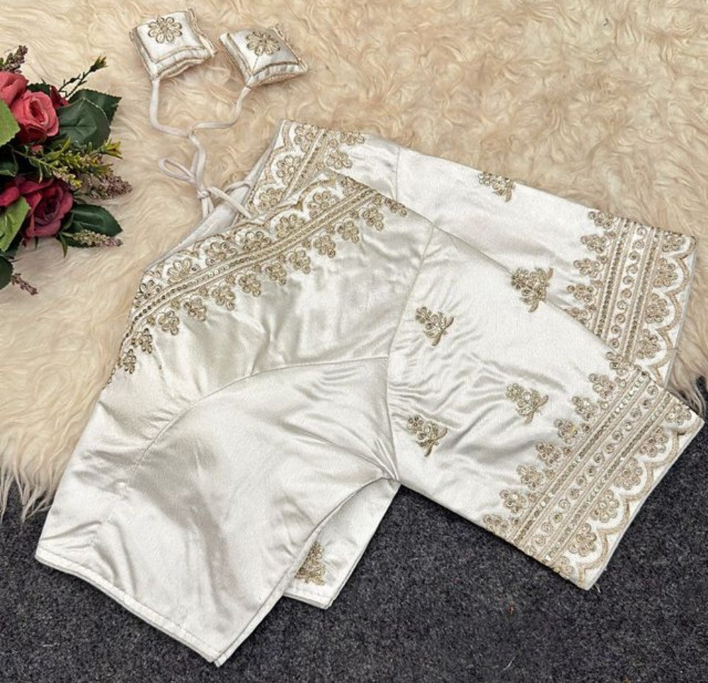 Generic Women's Satin Embroidered Half sleeve V-Neck Padded Readymade Blouse (White, Size 38 - Self-Alterable 36�40)