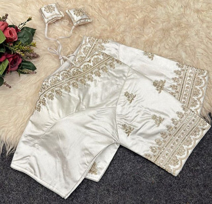 Generic Women's Satin Embroidered Half sleeve V-Neck Padded Readymade Blouse (White, Size 38 - Self-Alterable 36�40)