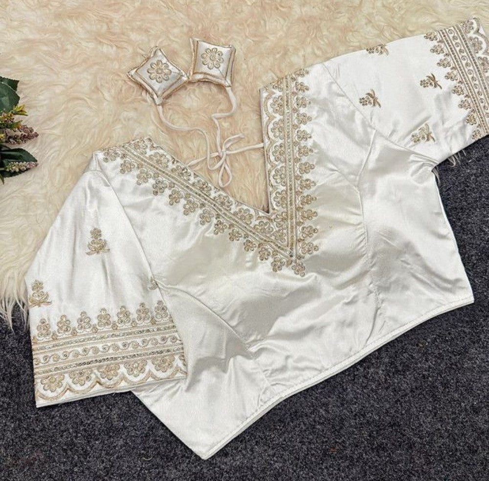 Generic Women's Satin Embroidered Half sleeve V-Neck Padded Readymade Blouse (White, Size 38 - Self-Alterable 36�40)