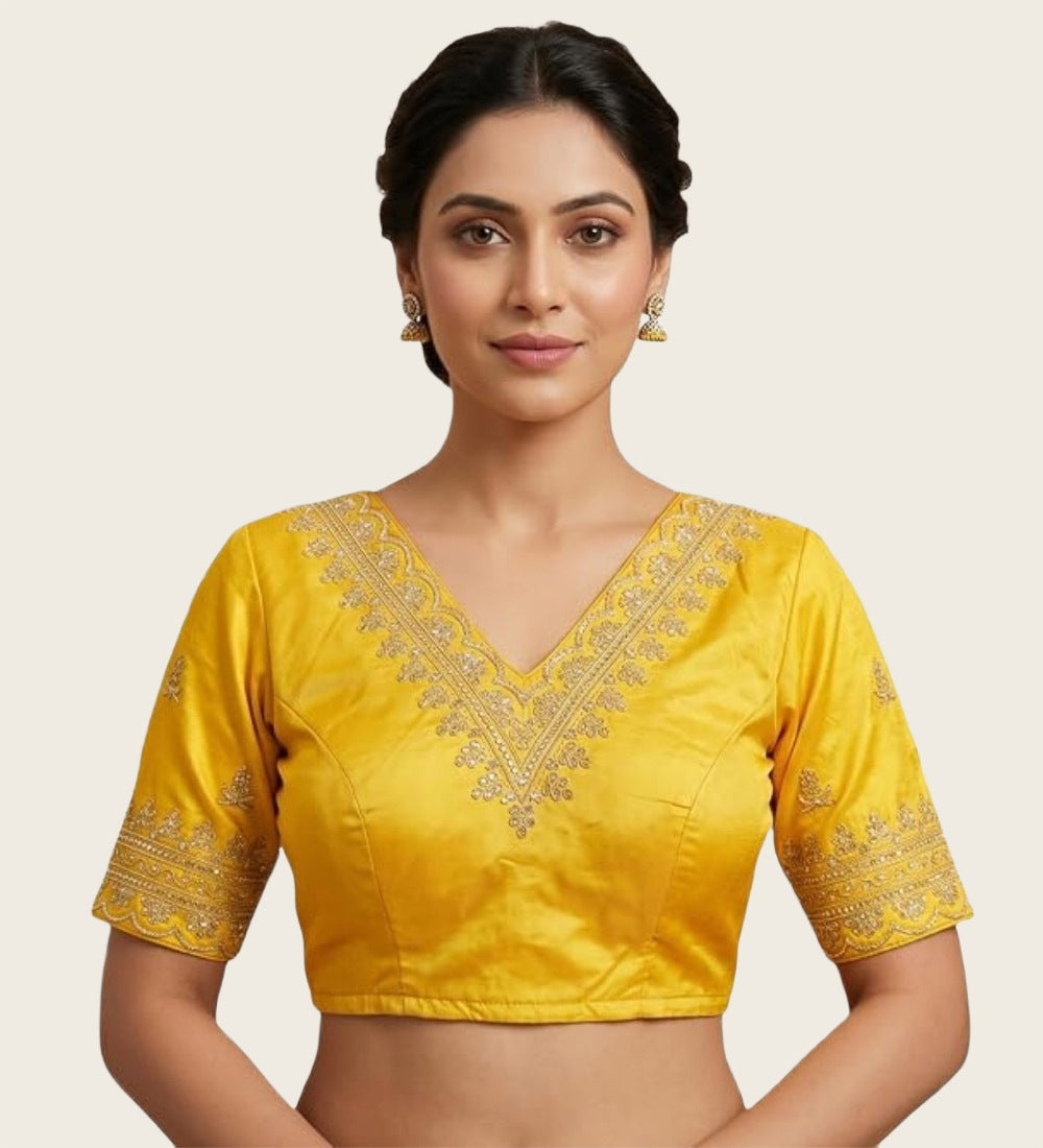 Generic Women's Satin Embroidered Half sleeve V-Neck Padded Readymade Blouse (Yellow, Size 38 - Self-Alterable 36�40)