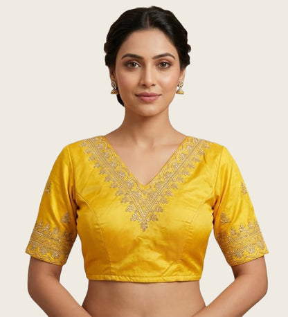 Generic Women's Satin Embroidered Half sleeve V-Neck Padded Readymade Blouse (Yellow, Size 38 - Self-Alterable 36�40)