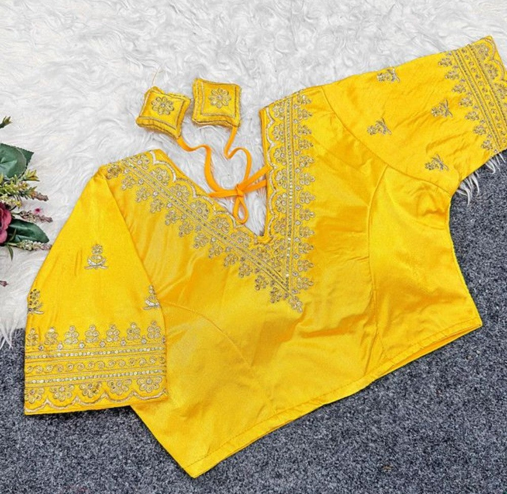 Generic Women's Satin Embroidered Half sleeve V-Neck Padded Readymade Blouse (Yellow, Size 38 - Self-Alterable 36�40)