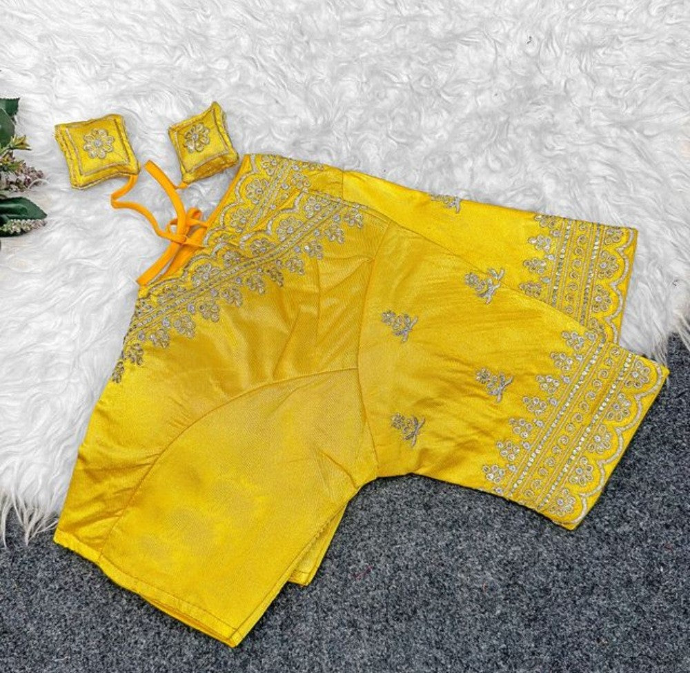 Generic Women's Satin Embroidered Half sleeve V-Neck Padded Readymade Blouse (Yellow, Size 38 - Self-Alterable 36�40)